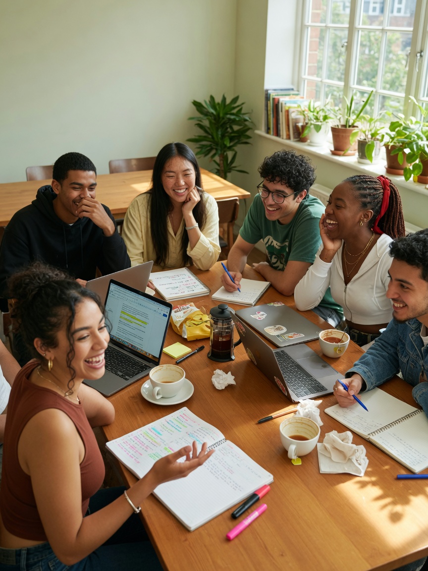 Un grupo pequeño y diverso estudiando inglés juntos, riendo alrededor de una mesa con cuadernos y laptops.